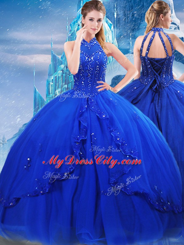 Charming Royal Blue Sleeveless Beading and Ruffles Lace Up Vestidos de Quinceanera