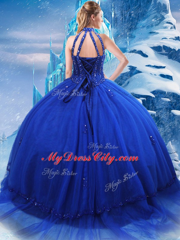 Charming Royal Blue Sleeveless Beading and Ruffles Lace Up Vestidos de Quinceanera