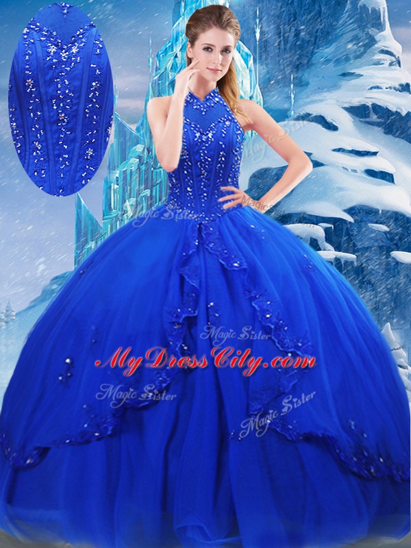 Charming Royal Blue Sleeveless Beading and Ruffles Lace Up Vestidos de Quinceanera