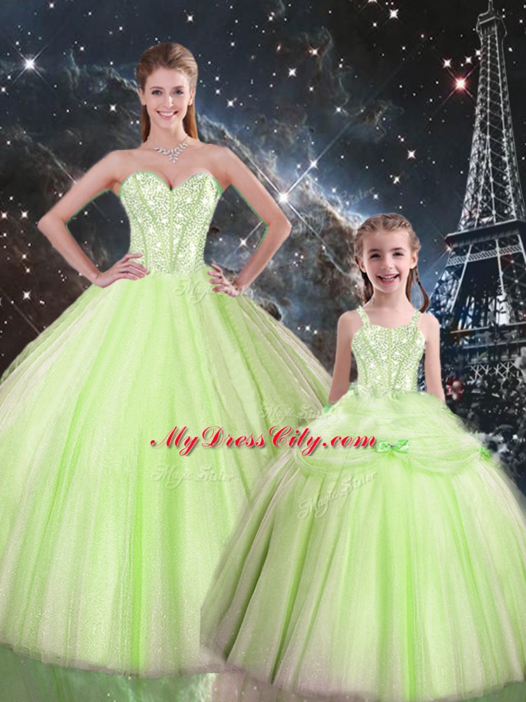 Romantic Yellow Green Ball Gowns Sweetheart Sleeveless Tulle Floor Length Lace Up Beading Sweet 16 Dress