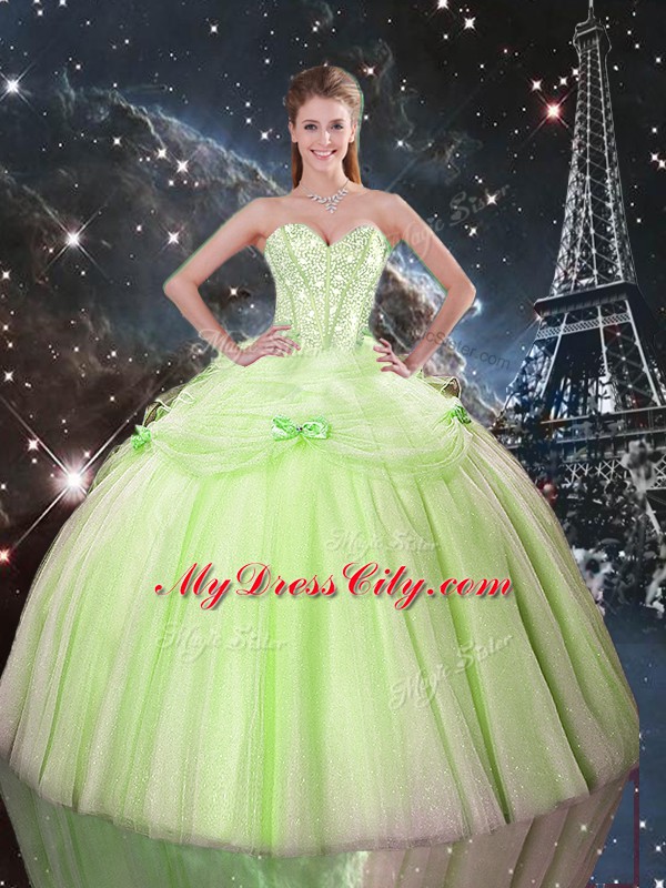 Romantic Yellow Green Ball Gowns Sweetheart Sleeveless Tulle Floor Length Lace Up Beading Sweet 16 Dress