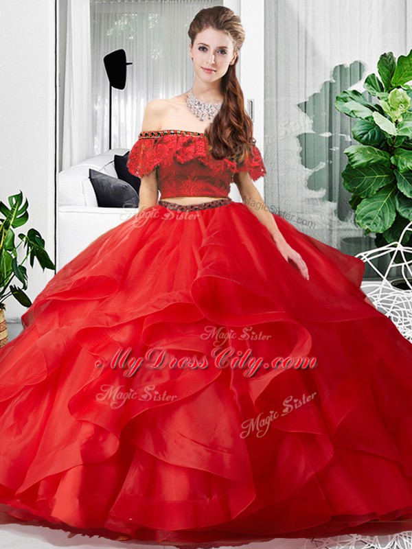 Smart Red Tulle Lace Up Off The Shoulder Sleeveless Floor Length 15th Birthday Dress Lace and Ruffles