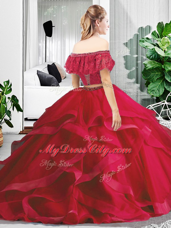 Smart Red Tulle Lace Up Off The Shoulder Sleeveless Floor Length 15th Birthday Dress Lace and Ruffles