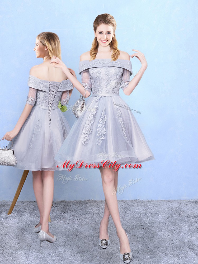 Half Sleeves Tulle Knee Length Lace Up Wedding Guest Dresses in Grey with Appliques