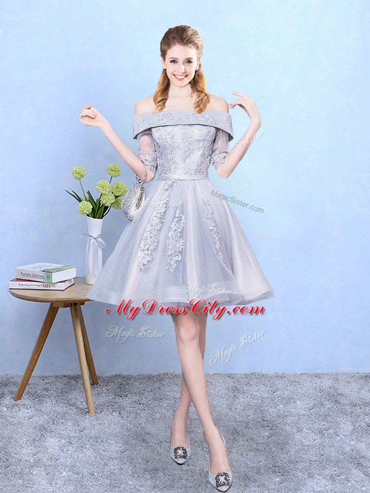 Half Sleeves Tulle Knee Length Lace Up Wedding Guest Dresses in Grey with Appliques