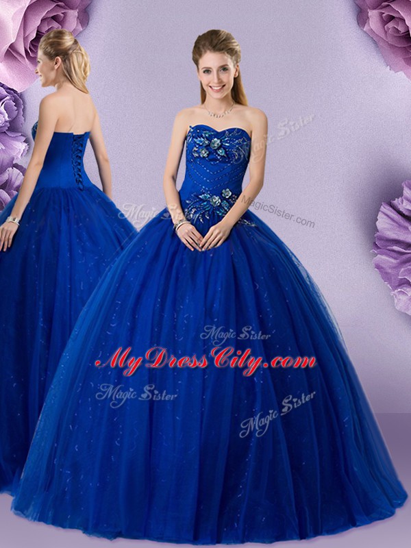 Extravagant Floor Length Royal Blue Ball Gown Prom Dress Tulle Sleeveless Beading and Appliques