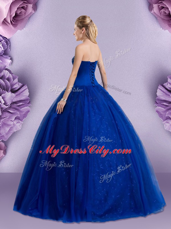 Extravagant Floor Length Royal Blue Ball Gown Prom Dress Tulle Sleeveless Beading and Appliques