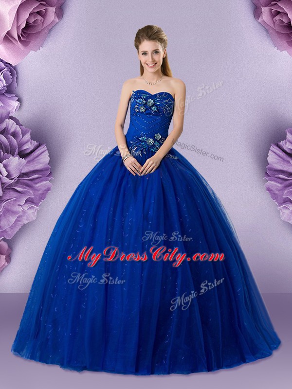 Extravagant Floor Length Royal Blue Ball Gown Prom Dress Tulle Sleeveless Beading and Appliques