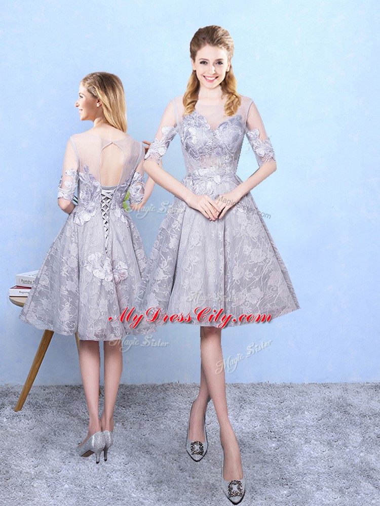 Grey Printed Lace Up Scoop Half Sleeves Knee Length Court Dresses for Sweet 16 Appliques