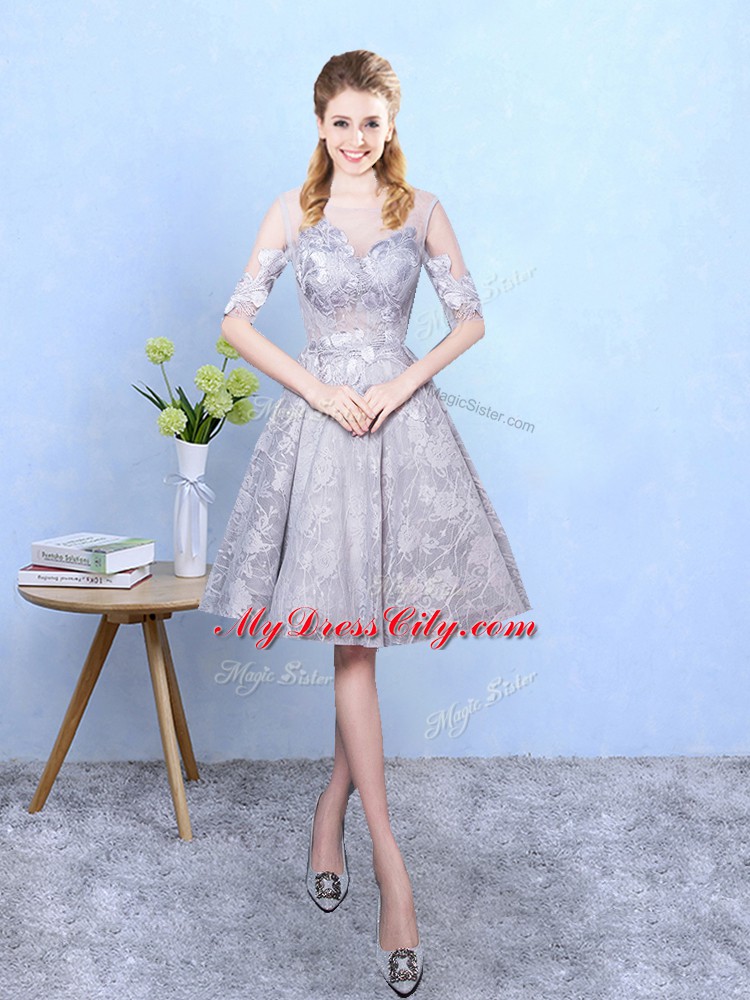 Grey Printed Lace Up Scoop Half Sleeves Knee Length Court Dresses for Sweet 16 Appliques