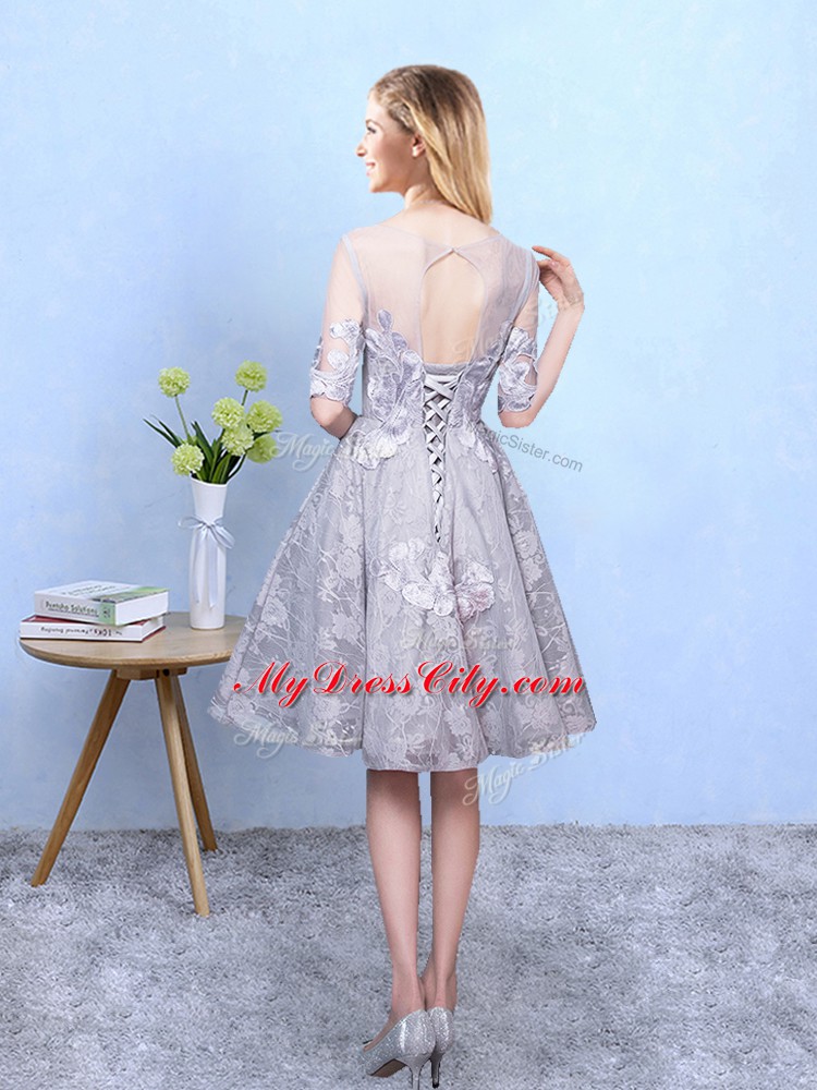 Grey Printed Lace Up Scoop Half Sleeves Knee Length Court Dresses for Sweet 16 Appliques