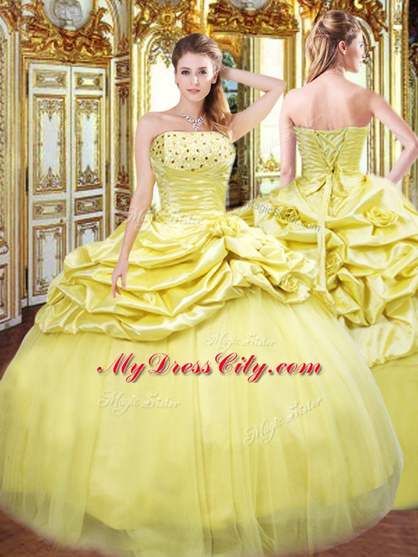 Low Price Gold Ball Gowns Taffeta Strapless Sleeveless Beading and Pick Ups Floor Length Lace Up Sweet 16 Dress