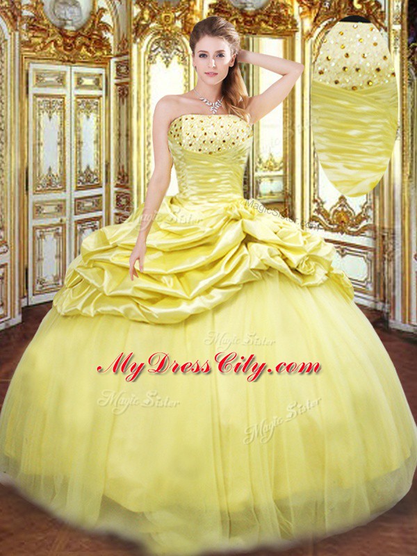 Low Price Gold Ball Gowns Taffeta Strapless Sleeveless Beading and Pick Ups Floor Length Lace Up Sweet 16 Dress