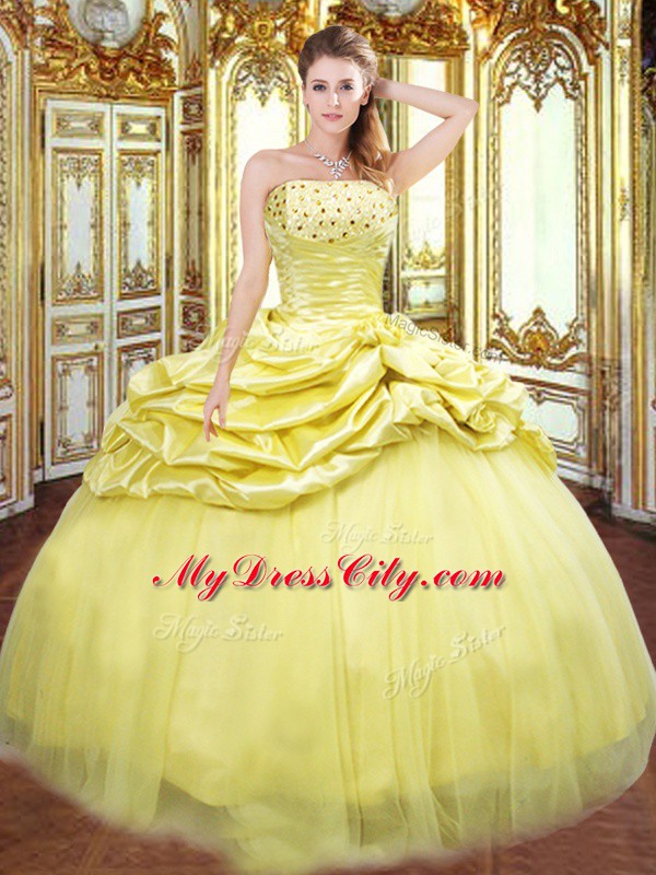 Low Price Gold Ball Gowns Taffeta Strapless Sleeveless Beading and Pick Ups Floor Length Lace Up Sweet 16 Dress