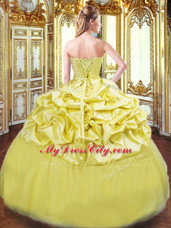 Low Price Gold Ball Gowns Taffeta Strapless Sleeveless Beading and Pick Ups Floor Length Lace Up Sweet 16 Dress