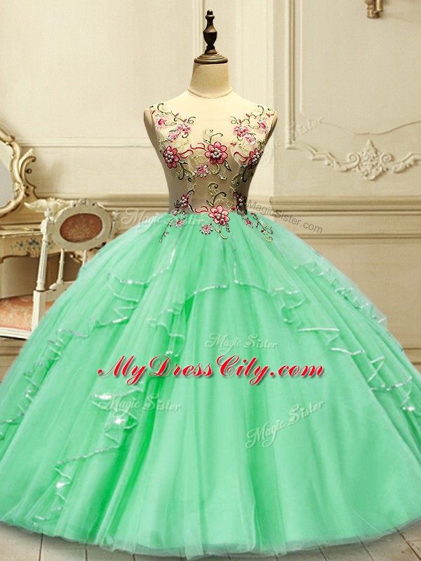 Customized Floor Length Ball Gowns Sleeveless Green 15th Birthday Dress Lace Up