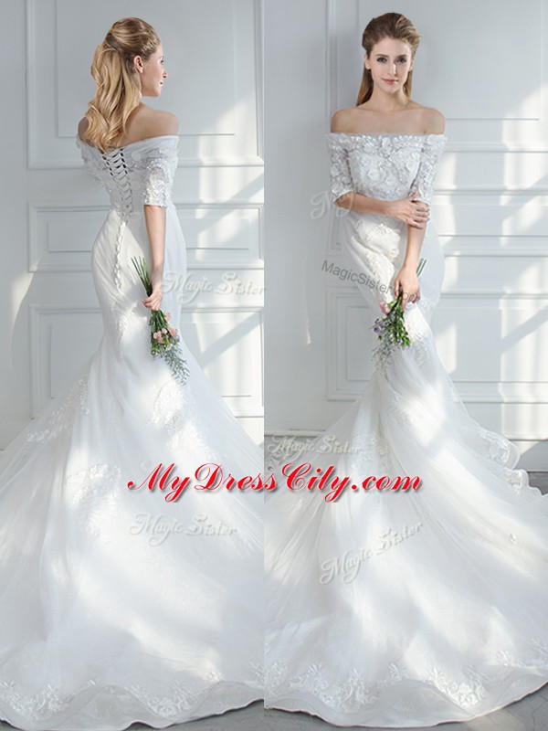 Graceful White Mermaid Off The Shoulder Half Sleeves Tulle Court Train Lace Up Lace and Appliques Wedding Gowns