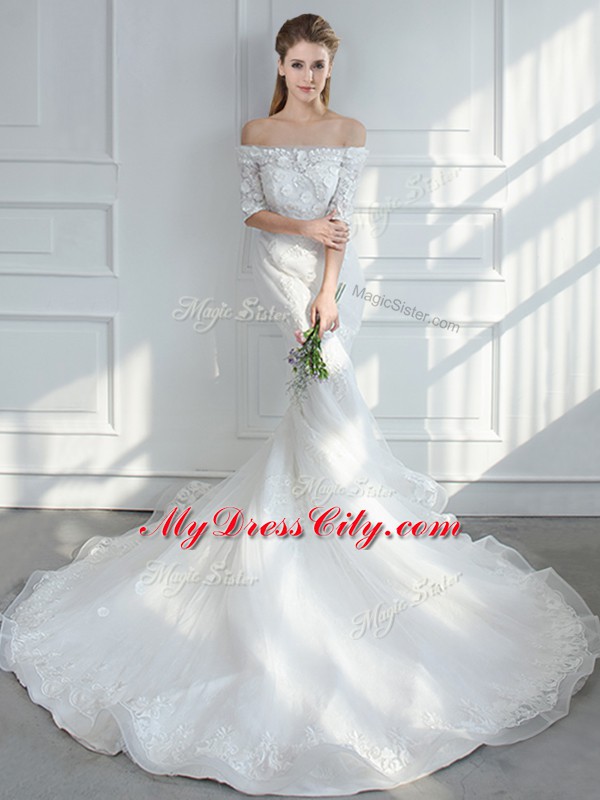 Graceful White Mermaid Off The Shoulder Half Sleeves Tulle Court Train Lace Up Lace and Appliques Wedding Gowns