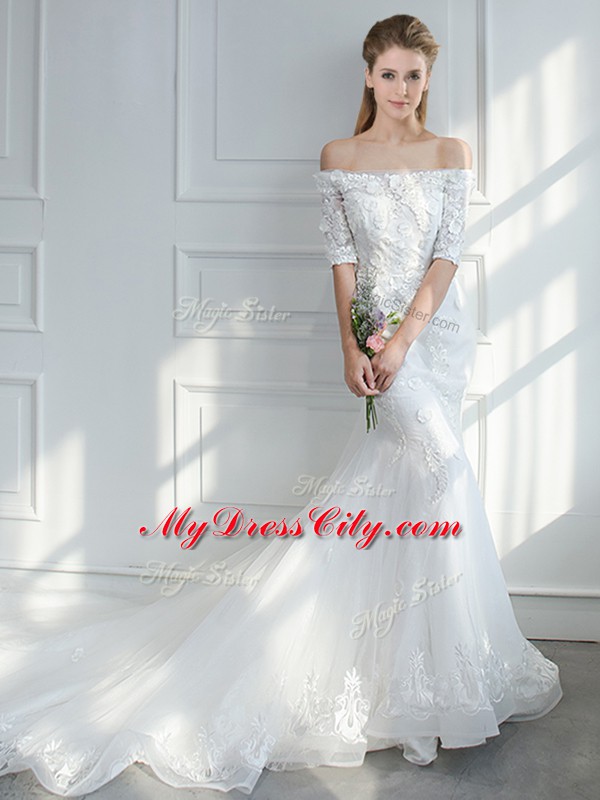 Graceful White Mermaid Off The Shoulder Half Sleeves Tulle Court Train Lace Up Lace and Appliques Wedding Gowns