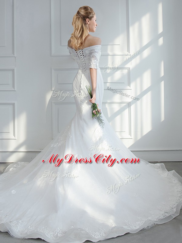 Graceful White Mermaid Off The Shoulder Half Sleeves Tulle Court Train Lace Up Lace and Appliques Wedding Gowns