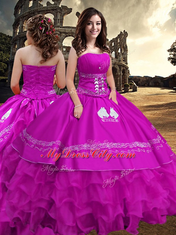 Glittering Fuchsia Zipper Quince Ball Gowns Embroidery and Ruffled Layers Sleeveless Floor Length