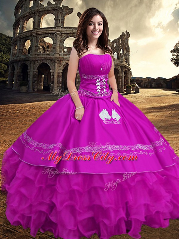 Glittering Fuchsia Zipper Quince Ball Gowns Embroidery and Ruffled Layers Sleeveless Floor Length