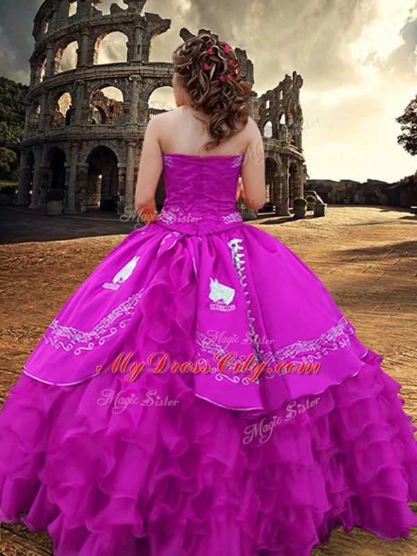 Glittering Fuchsia Zipper Quince Ball Gowns Embroidery and Ruffled Layers Sleeveless Floor Length