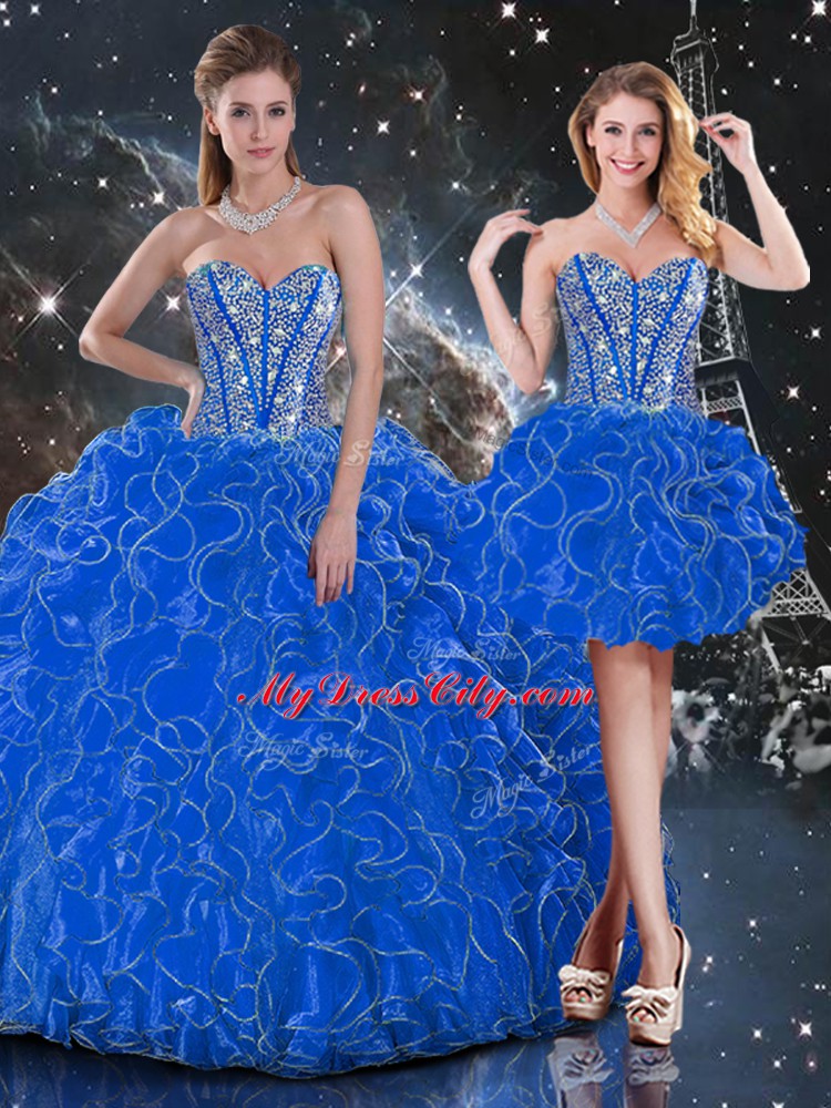 Great Sleeveless Floor Length Beading and Ruffles Lace Up Quinceanera Dress with Blue