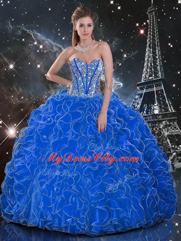 Great Sleeveless Floor Length Beading and Ruffles Lace Up Quinceanera Dress with Blue