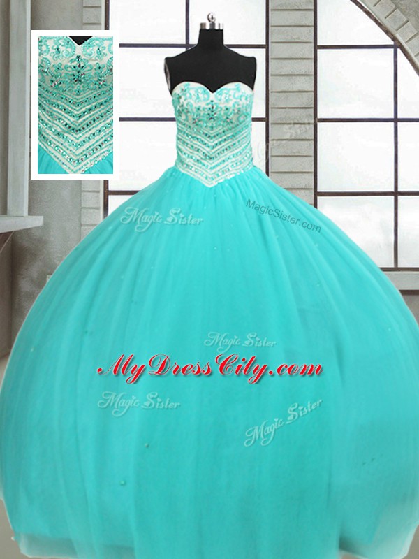 Sweetheart Sleeveless Tulle Quinceanera Gown Beading Lace Up