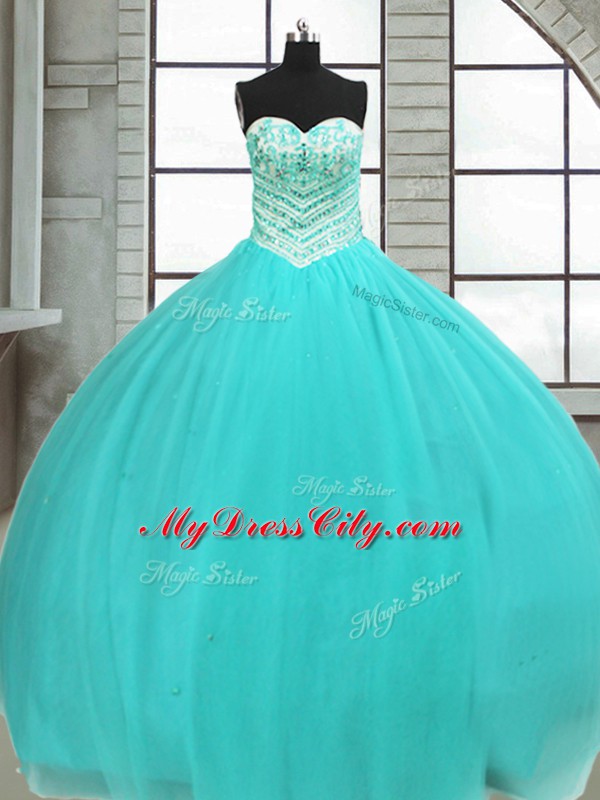 Sweetheart Sleeveless Tulle Quinceanera Gown Beading Lace Up