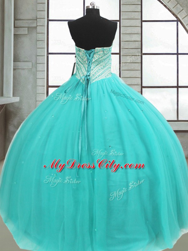 Sweetheart Sleeveless Tulle Quinceanera Gown Beading Lace Up