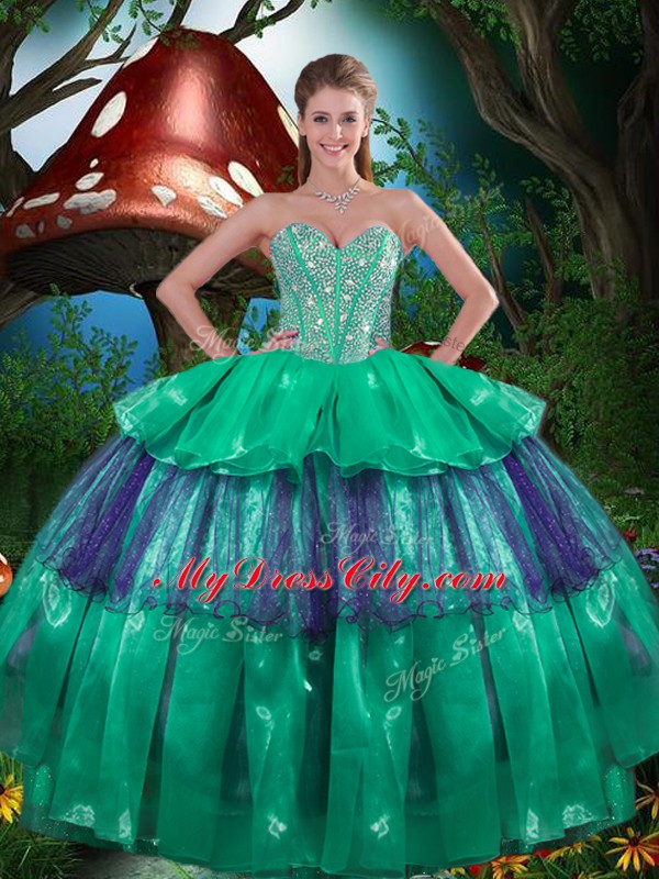 Green Sleeveless Beading and Ruffled Layers Floor Length Quinceanera Gown