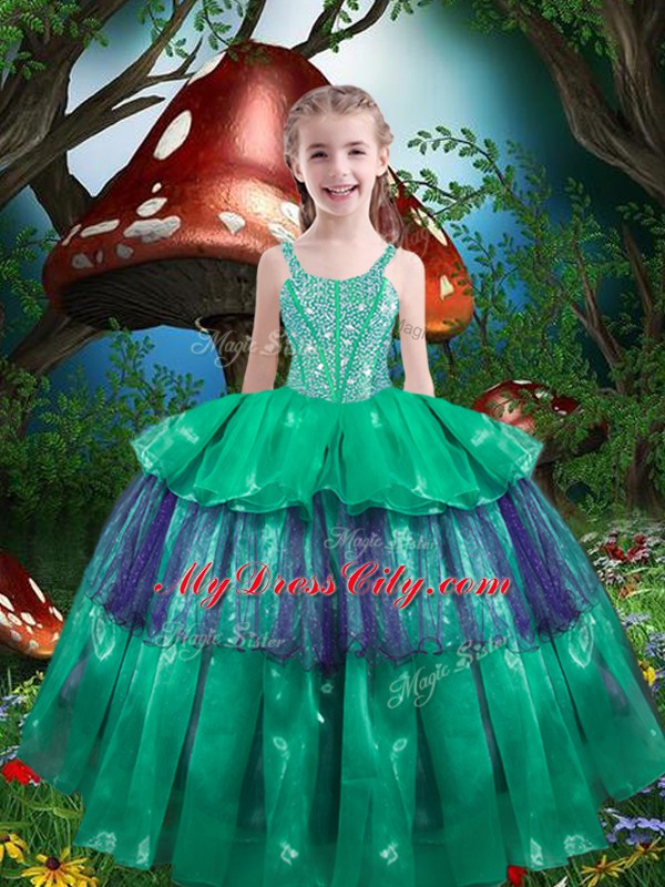 Green Sleeveless Beading and Ruffled Layers Floor Length Quinceanera Gown