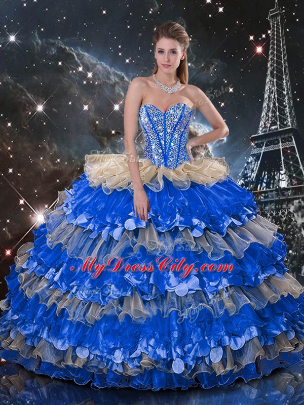 Sleeveless Floor Length Beading and Ruffles Lace Up Sweet 16 Dress with Multi-color