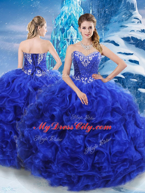 Romantic Royal Blue Lace Up Sweetheart Beading Quinceanera Gowns Organza Sleeveless