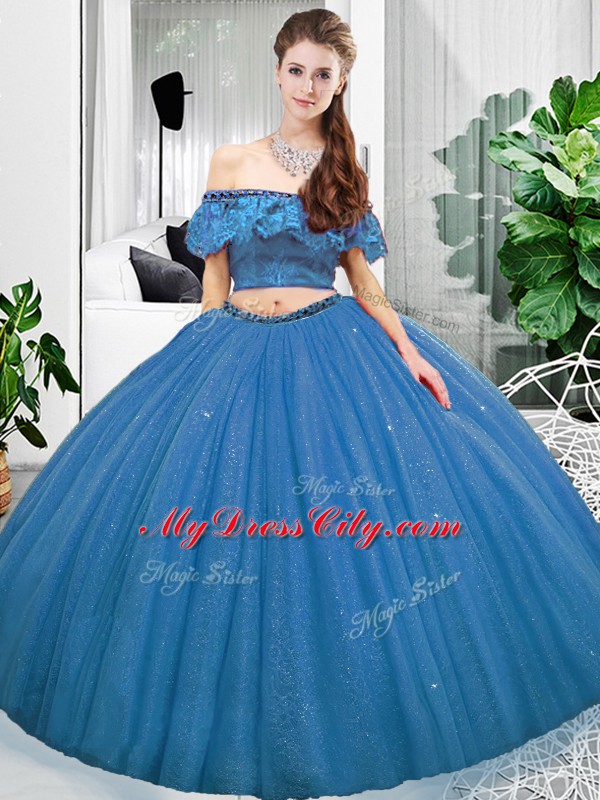 Sleeveless Organza Floor Length Lace Up Sweet 16 Dress in Blue with Lace