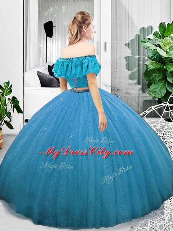 Sleeveless Organza Floor Length Lace Up Sweet 16 Dress in Blue with Lace