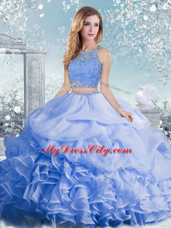 High Quality Floor Length Baby Blue Sweet 16 Quinceanera Dress Organza Sleeveless Beading and Ruffles and Pick Ups