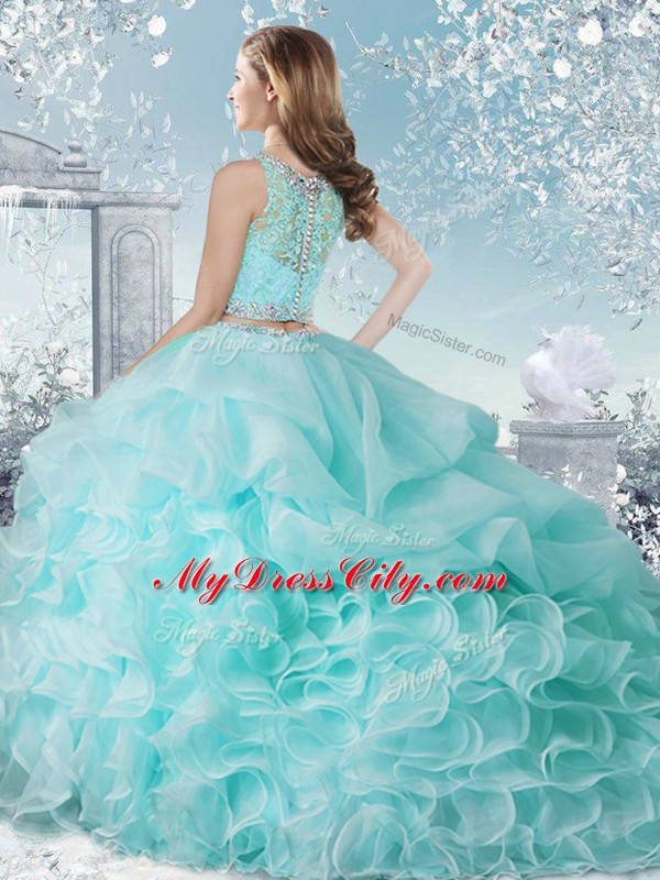 High Quality Floor Length Baby Blue Sweet 16 Quinceanera Dress Organza Sleeveless Beading and Ruffles and Pick Ups