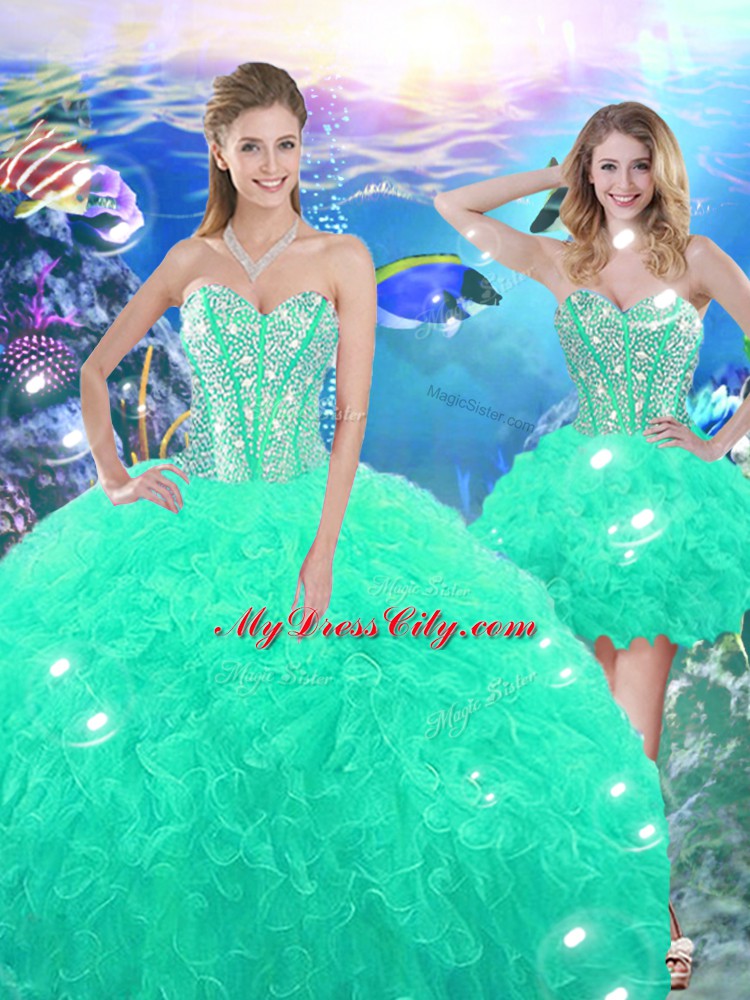 Perfect Turquoise Sleeveless High Low Beading and Ruffles Lace Up 15th Birthday Dress