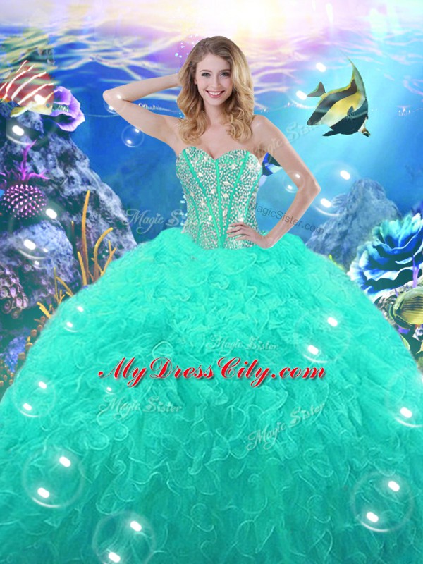 Perfect Turquoise Sleeveless High Low Beading and Ruffles Lace Up 15th Birthday Dress