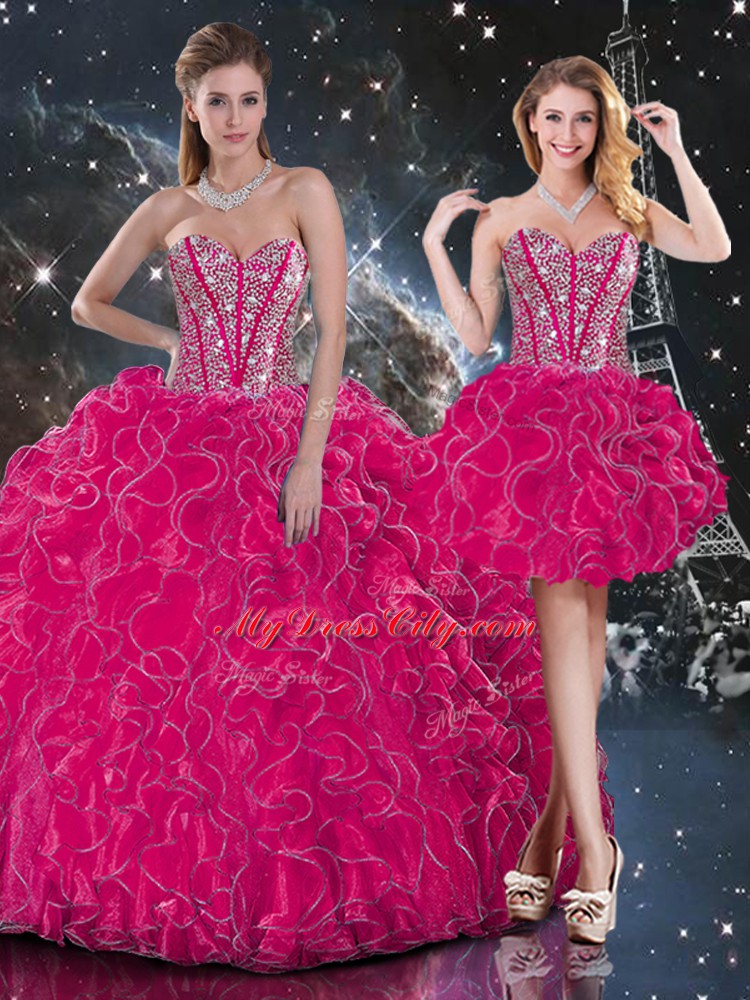 Most Popular Sleeveless Organza Floor Length Lace Up Sweet 16 Quinceanera Dress in Hot Pink with Beading and Ruffles