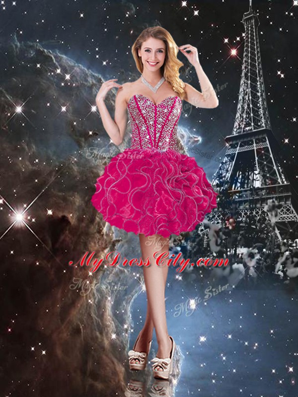 Most Popular Sleeveless Organza Floor Length Lace Up Sweet 16 Quinceanera Dress in Hot Pink with Beading and Ruffles