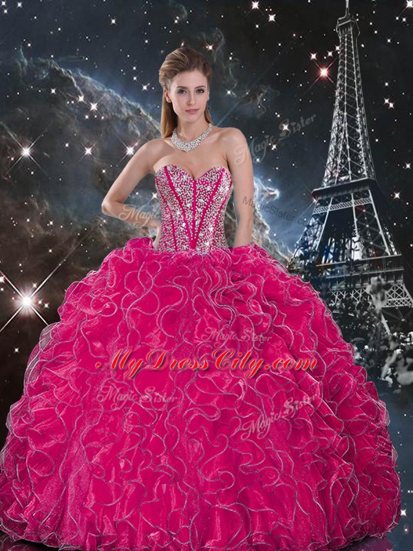 Most Popular Sleeveless Organza Floor Length Lace Up Sweet 16 Quinceanera Dress in Hot Pink with Beading and Ruffles