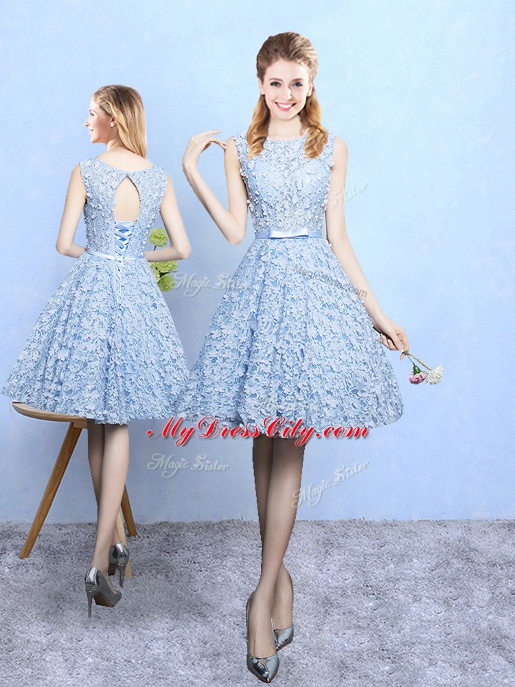 Exquisite Light Blue Scoop Neckline Belt Vestidos de Damas Sleeveless Lace Up