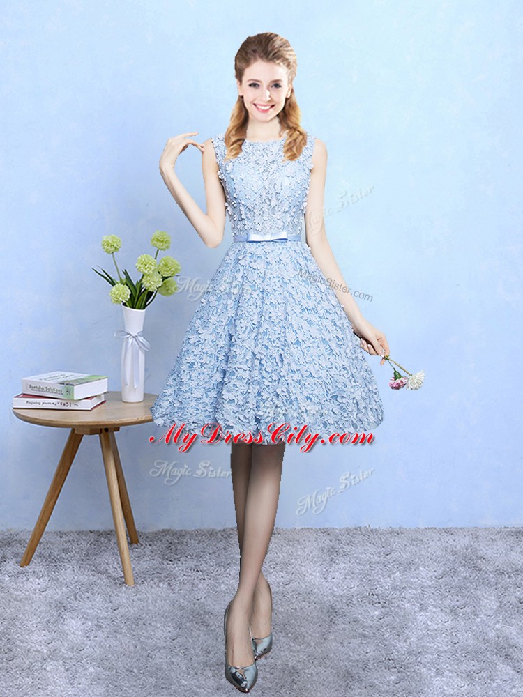 Exquisite Light Blue Scoop Neckline Belt Vestidos de Damas Sleeveless Lace Up