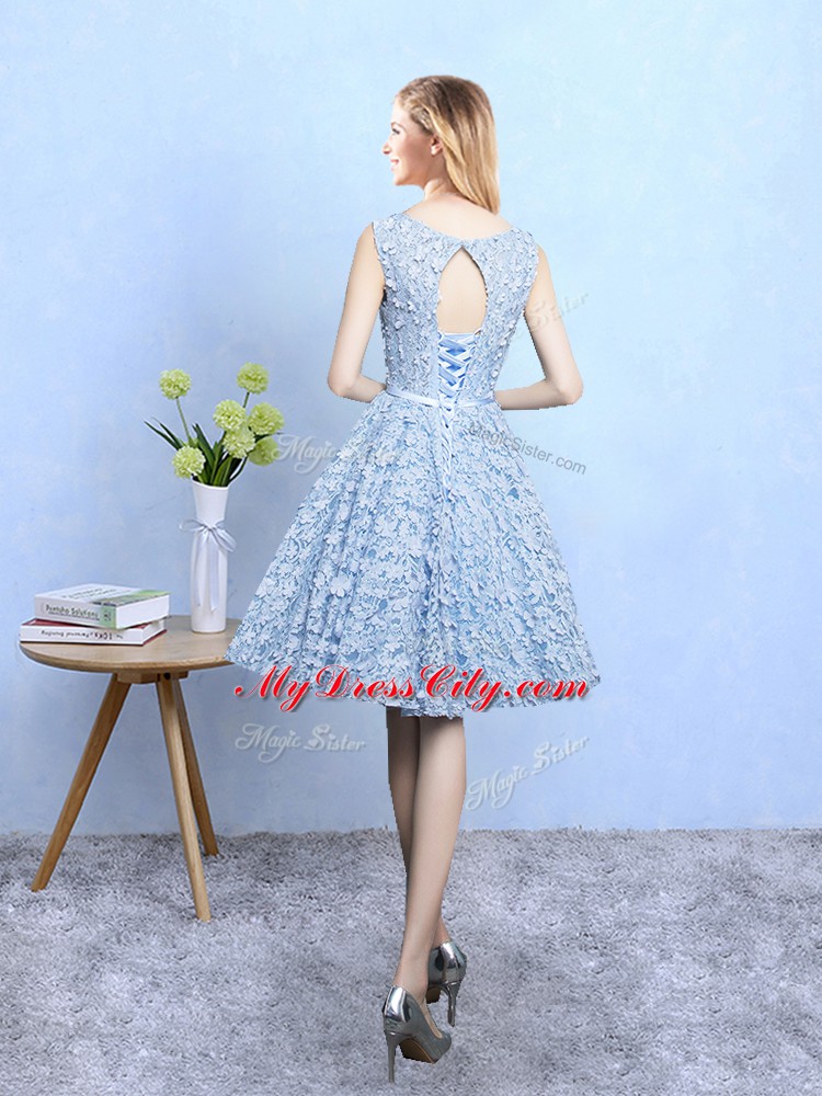 Exquisite Light Blue Scoop Neckline Belt Vestidos de Damas Sleeveless Lace Up