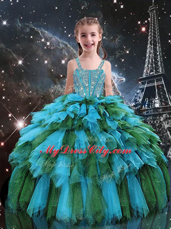 Floor Length Teal Pageant Dress for Teens Straps Sleeveless Lace Up