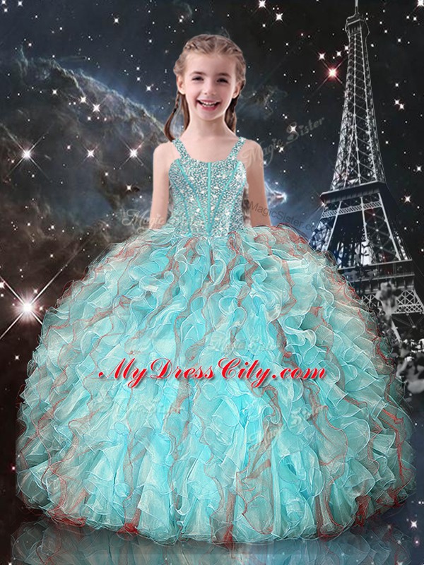 Straps Sleeveless Organza Kids Formal Wear Beading and Ruffles Lace Up